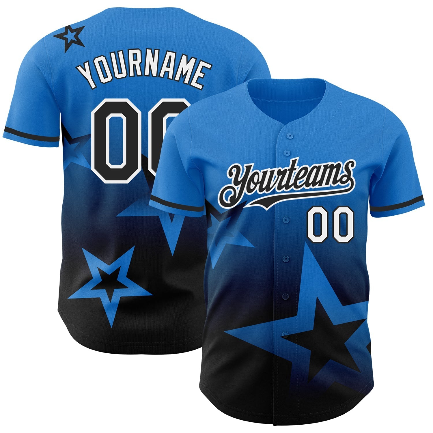 Custom Electric Blue Black-White 3D Pattern Design Gradient Style Twinkle Star Authentic Baseball Jersey baseball jersey product view 1