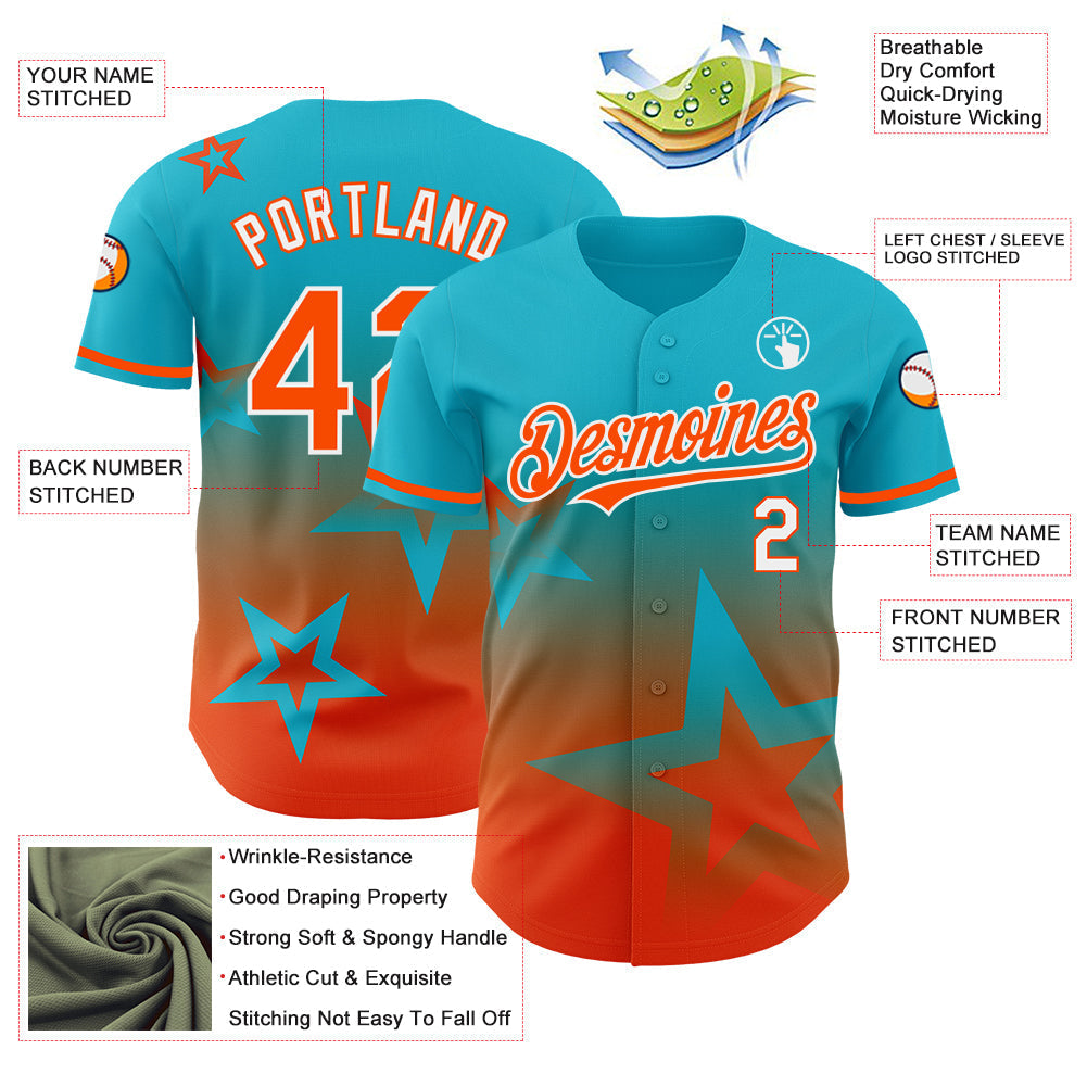 Custom Lakes Blue Orange-White 3D Pattern Design Gradient Style Twinkle Star Authentic Baseball Jersey baseball jersey product view 3