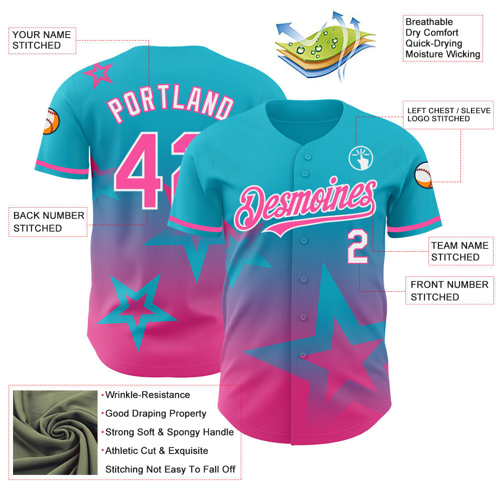Custom Lakes Blue Pink-White 3D Pattern Design Gradient Style Twinkle Star Authentic Baseball Jersey baseball jersey product view 3