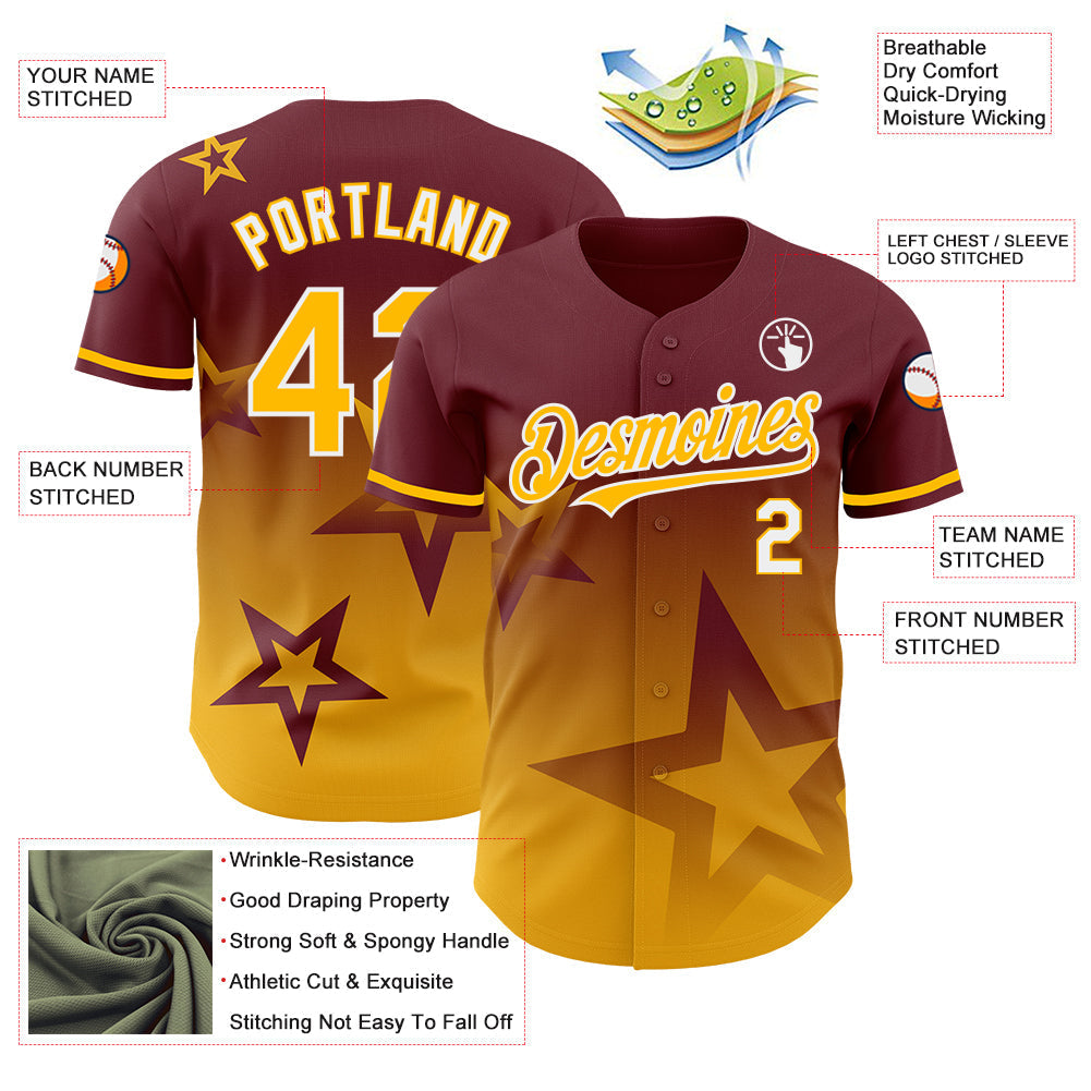 Custom Burgundy Gold-White 3D Pattern Design Gradient Style Twinkle Star Authentic Baseball Jersey baseball jersey product view 3