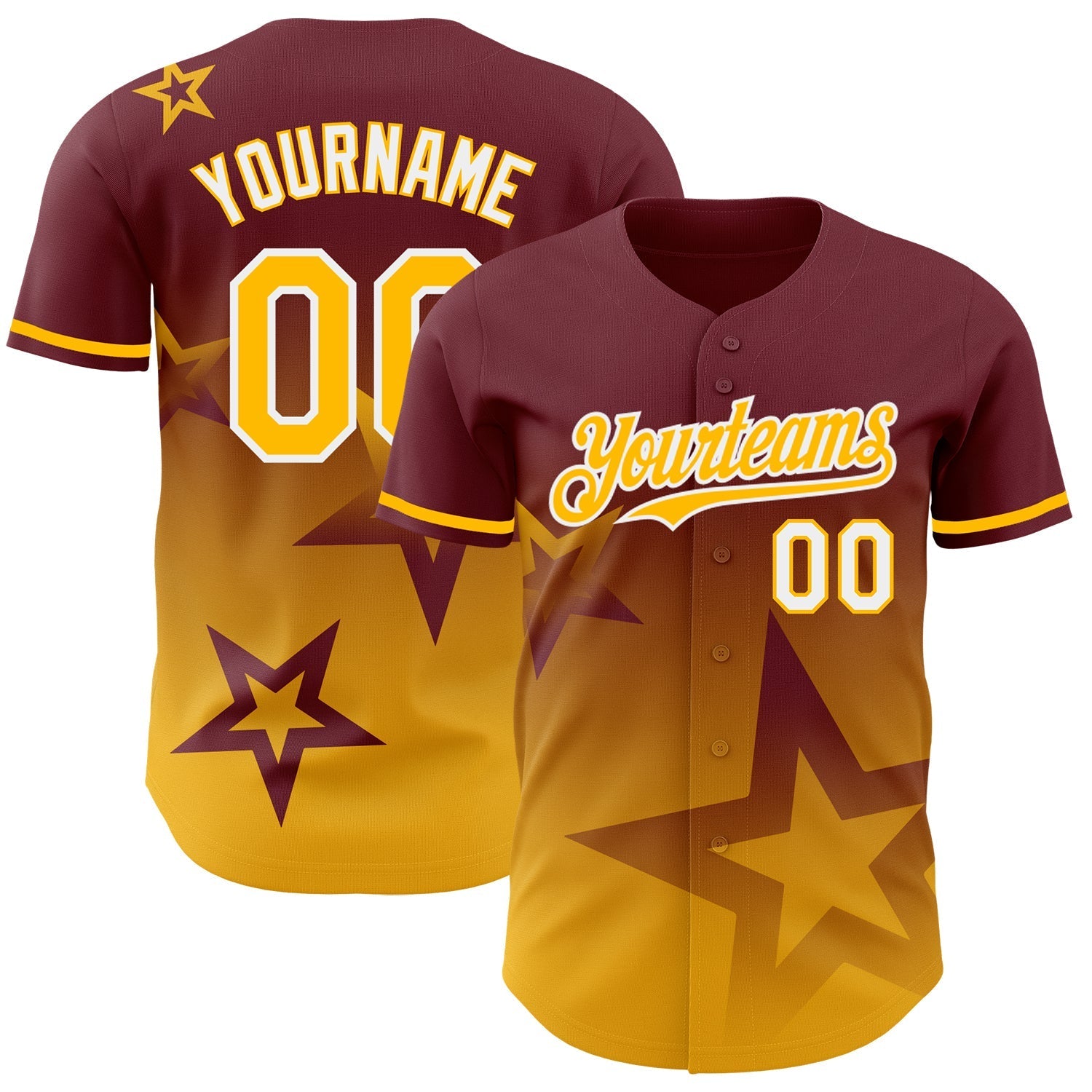 Custom Burgundy Gold-White 3D Pattern Design Gradient Style Twinkle Star Authentic Baseball Jersey baseball jersey product view 1