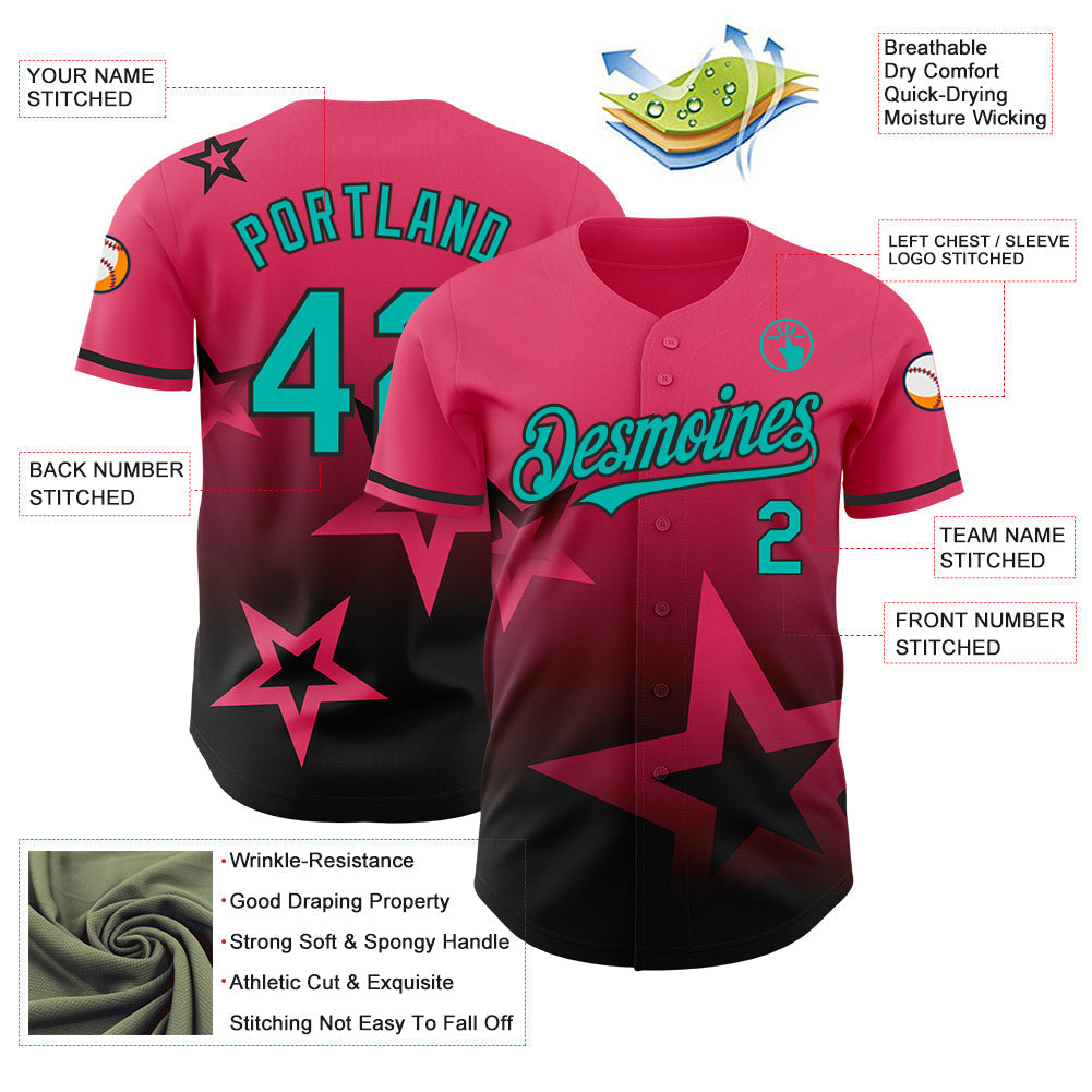 Custom Neon Pink Aqua-Black 3D Pattern Design Gradient Style Twinkle Star Authentic Baseball Jersey baseball jersey product view 3