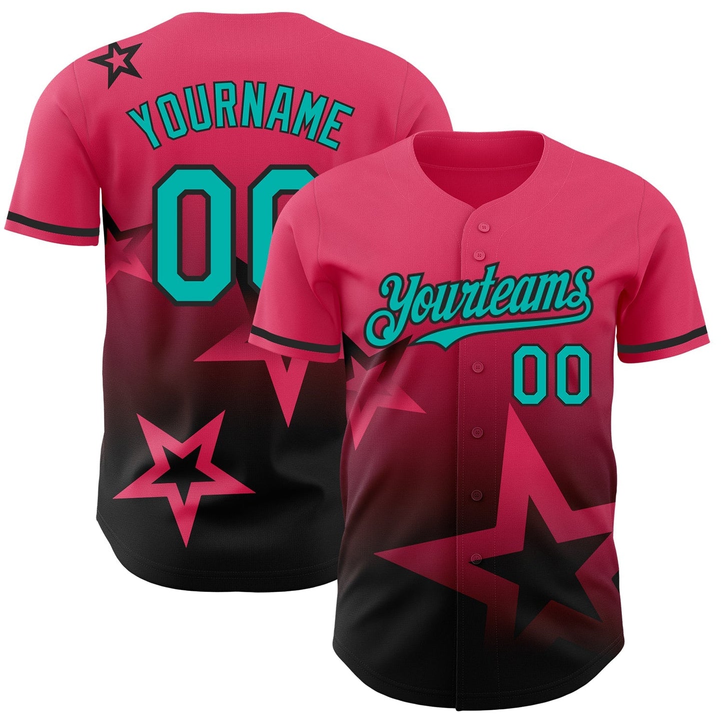 Custom Neon Pink Aqua-Black 3D Pattern Design Gradient Style Twinkle Star Authentic Baseball Jersey baseball jersey product view 1