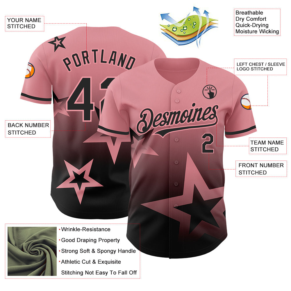 Custom Medium Pink Black 3D Pattern Design Gradient Style Twinkle Star Authentic Baseball Jersey baseball jersey product view 3