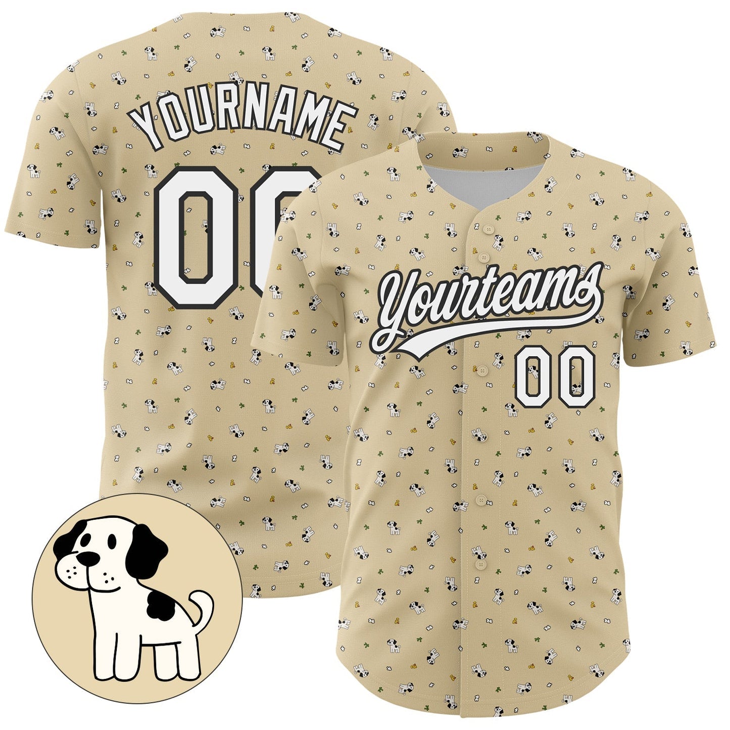 Custom Cream White-Black 3D Pattern Design Animal Dog Authentic Baseball Jersey baseball jersey product view 1