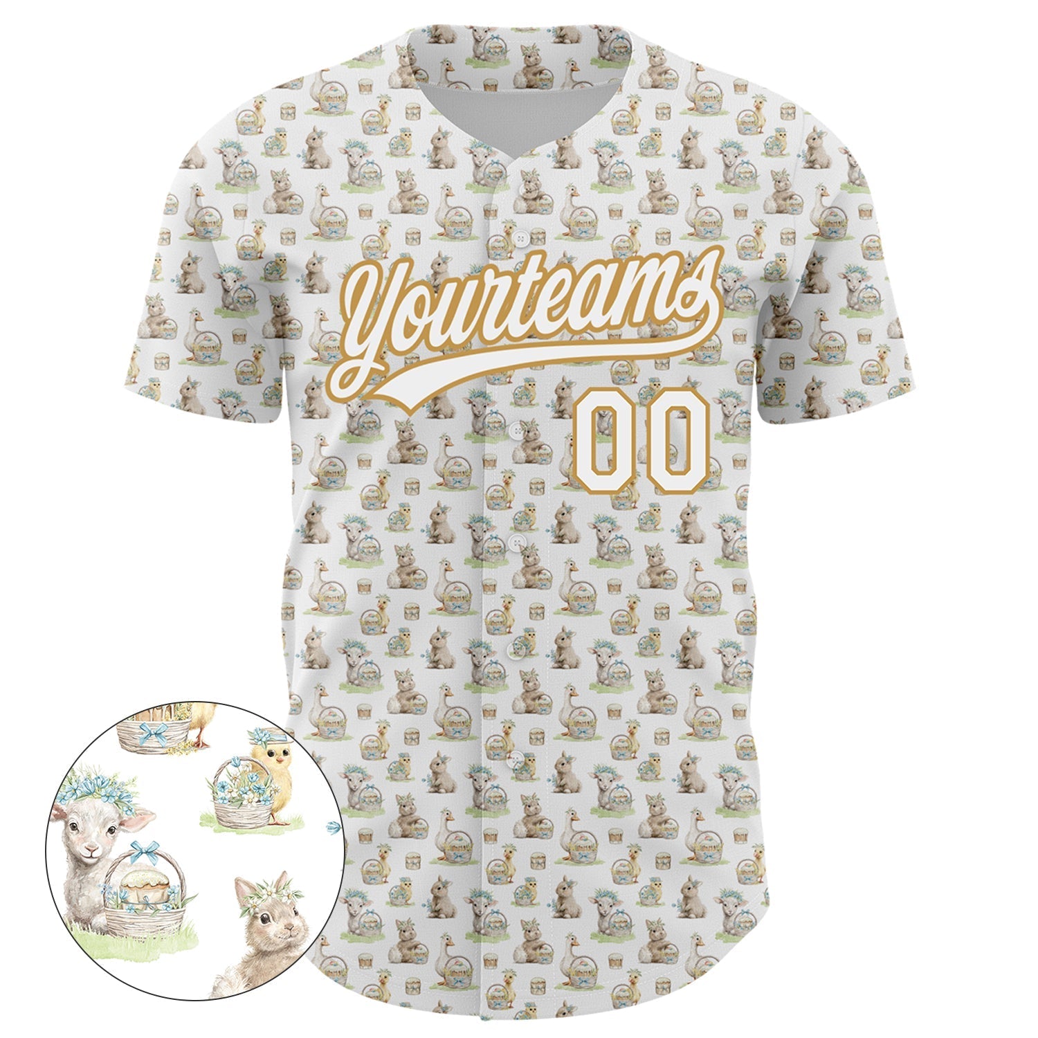 Custom White Old Gold 3D Pattern Design Animal Rabbit Sheep Chicken And Duck Authentic Baseball Jersey baseball jersey product view 2