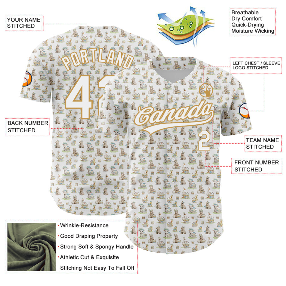 Custom White Old Gold 3D Pattern Design Animal Rabbit Sheep Chicken And Duck Authentic Baseball Jersey baseball jersey product view 3
