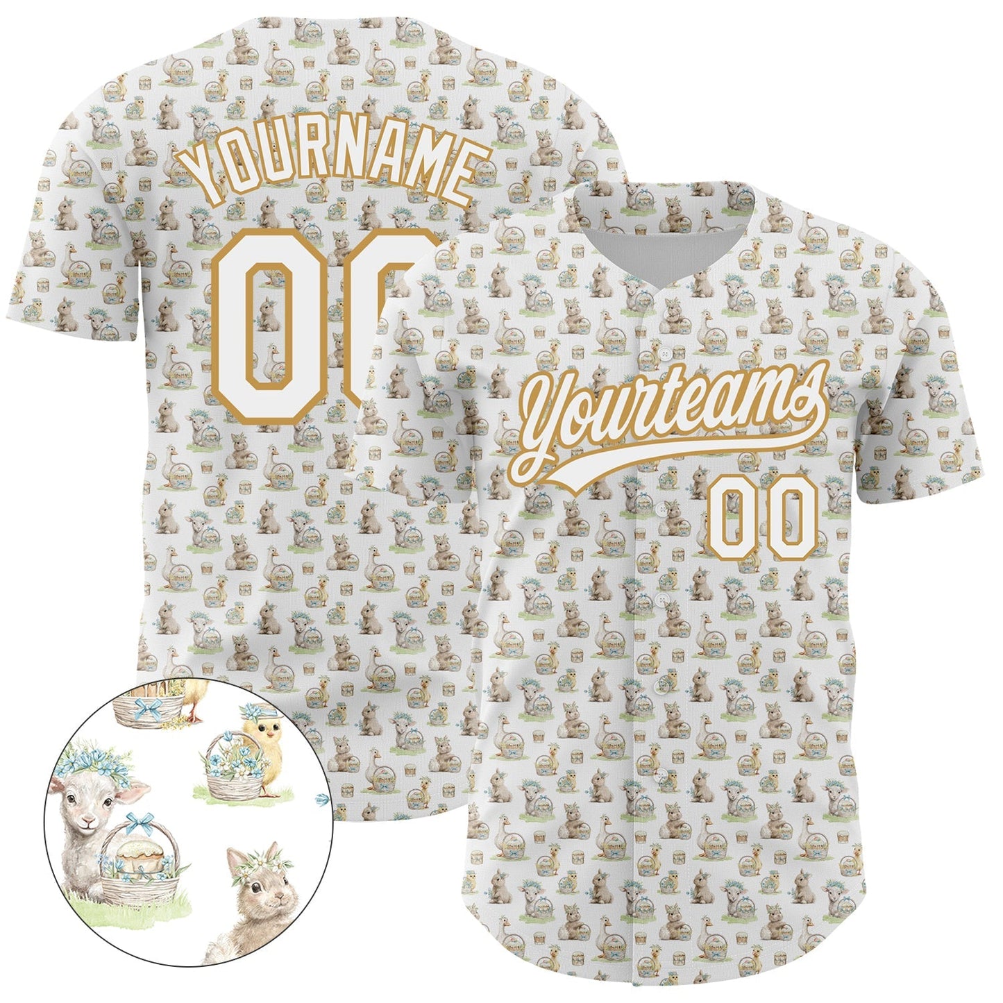 Custom White Old Gold 3D Pattern Design Animal Rabbit Sheep Chicken And Duck Authentic Baseball Jersey baseball jersey product view 1