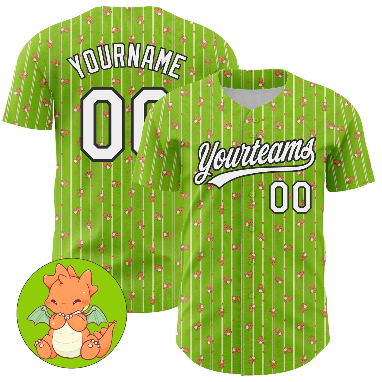 Custom Neon Green White-Black 3D Pattern Design Animal Dinosaur Authentic Baseball Jersey baseball jersey product view 1
