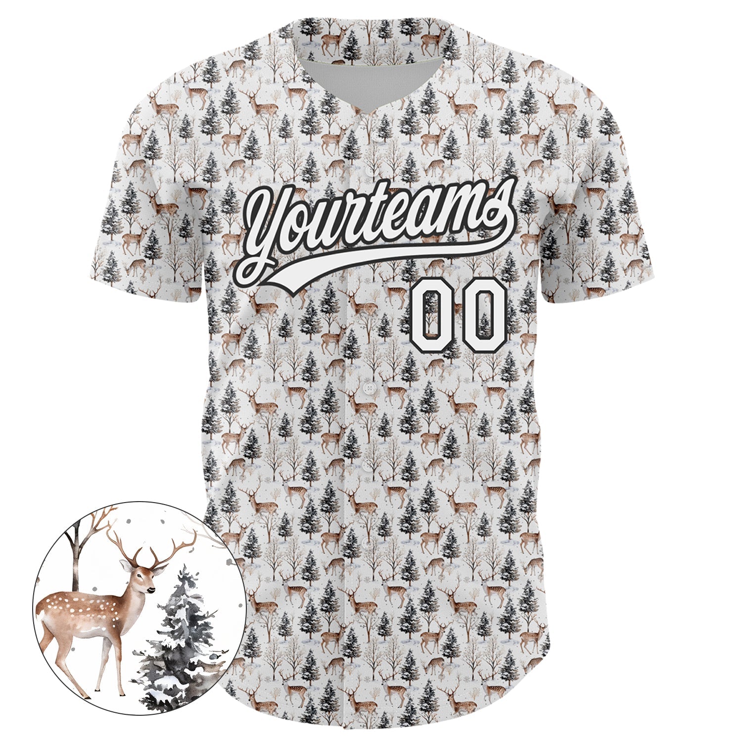 Custom White Black 3D Pattern Design Animal Deer Authentic Baseball Jersey baseball jersey product view 2