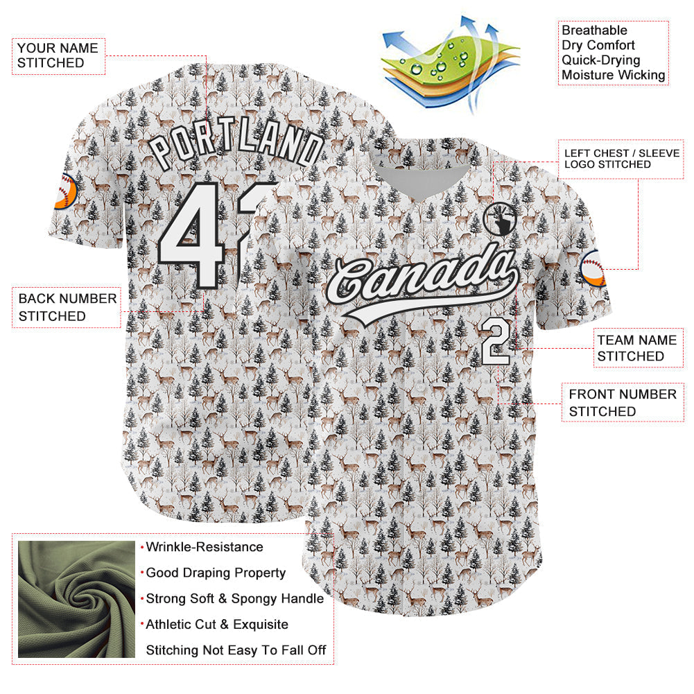 Custom White Black 3D Pattern Design Animal Deer Authentic Baseball Jersey baseball jersey product view 3