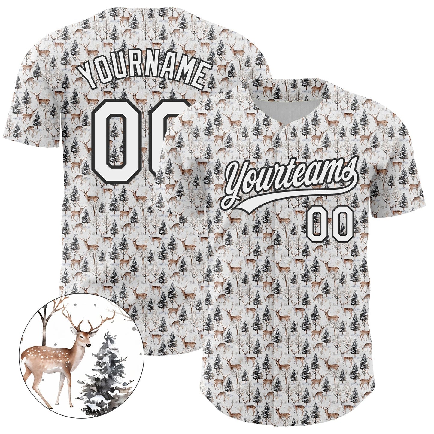 Custom White Black 3D Pattern Design Animal Deer Authentic Baseball Jersey baseball jersey product view 1