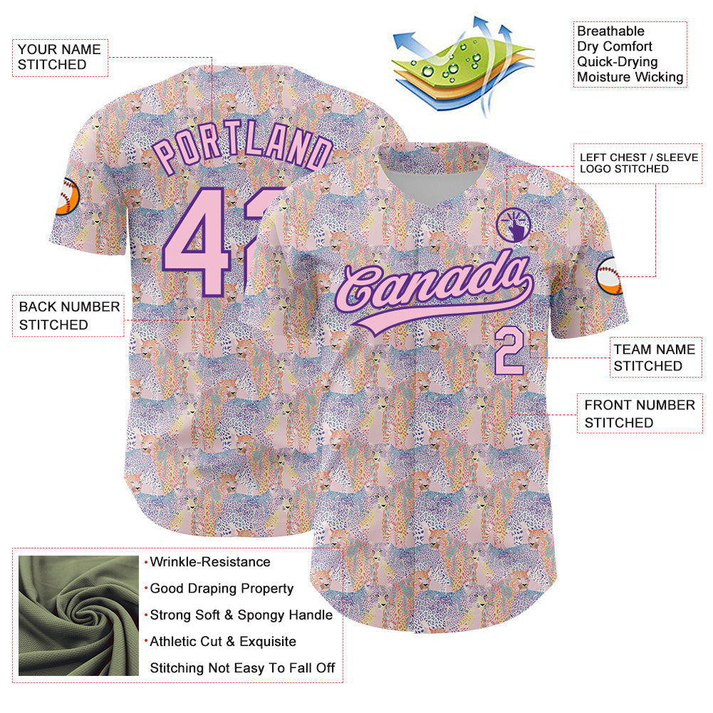 Custom Light Pink Purple 3D Pattern Design Animal Leopard Authentic Baseball Jersey baseball jersey product view 3