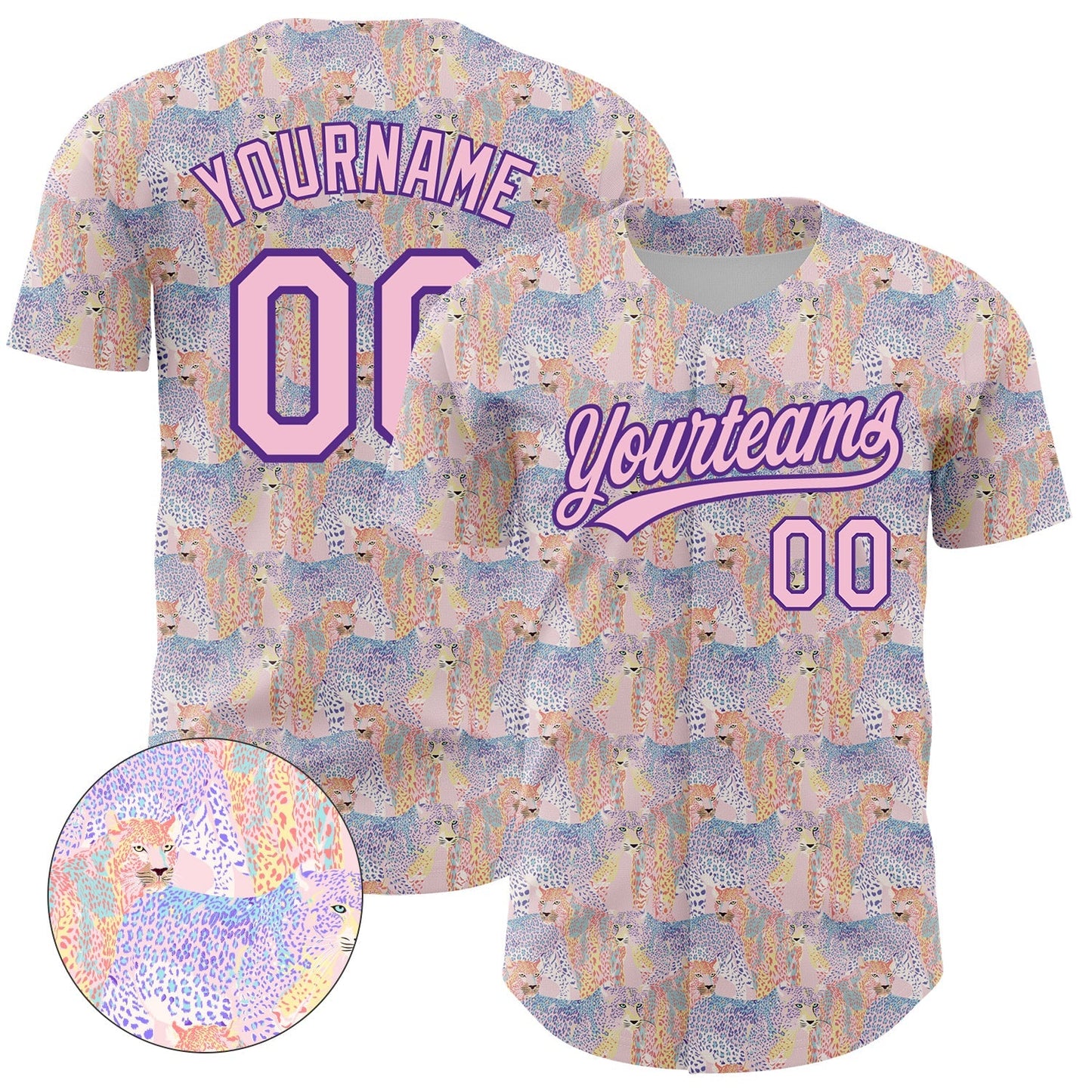 Custom Light Pink Purple 3D Pattern Design Animal Leopard Authentic Baseball Jersey baseball jersey product view 1