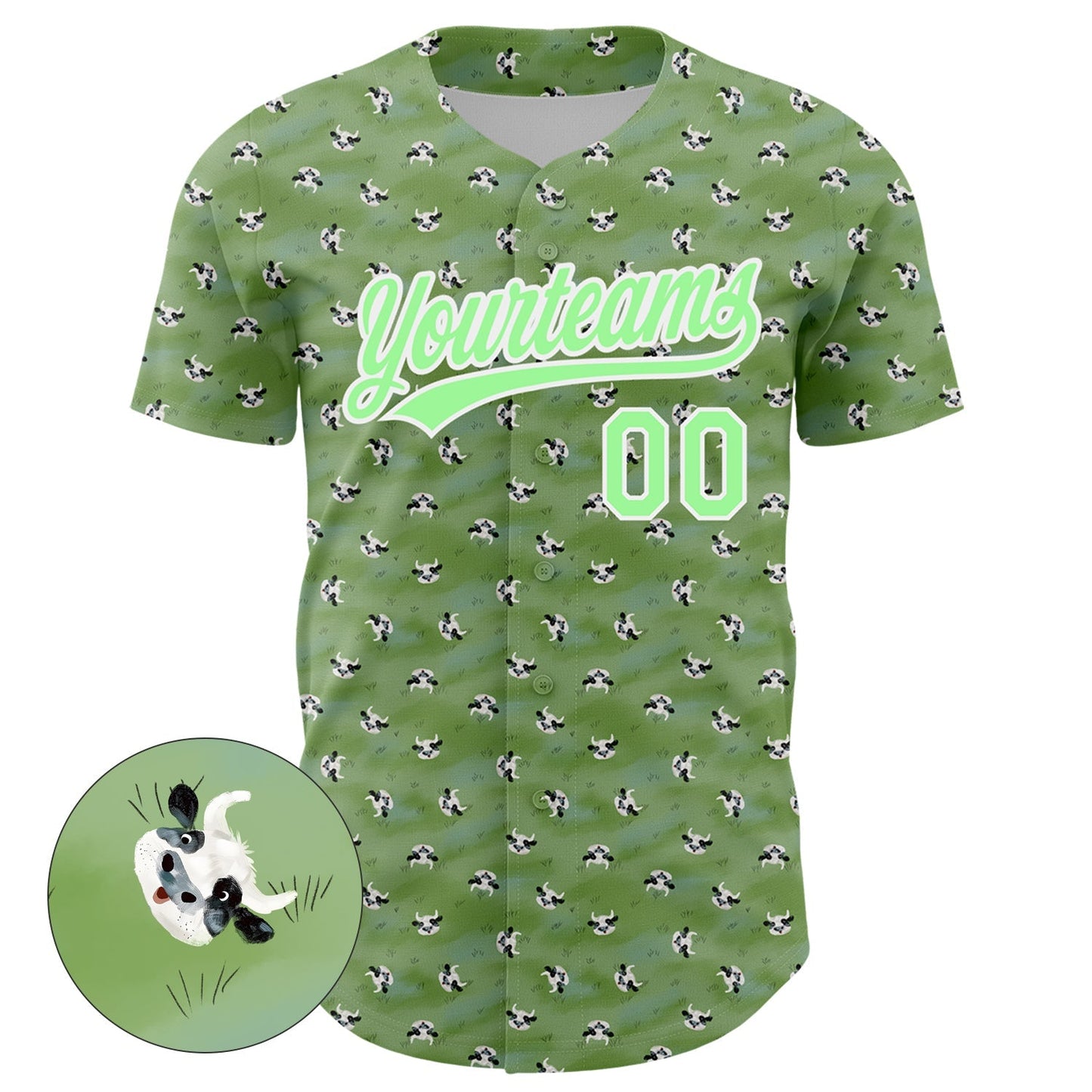 Custom Green Pea Green-White 3D Pattern Design Animal Cow Authentic Baseball Jersey baseball jersey product view 2