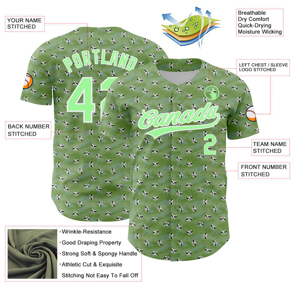 Custom Green Pea Green-White 3D Pattern Design Animal Cow Authentic Baseball Jersey baseball jersey product view 3