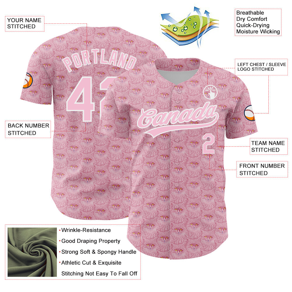 Custom Light Pink White 3D Pattern Design Animal Cat Authentic Baseball Jersey baseball jersey product view 3
