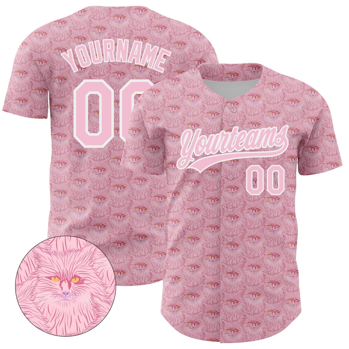 Custom Light Pink White 3D Pattern Design Animal Cat Authentic Baseball Jersey baseball jersey product view 1