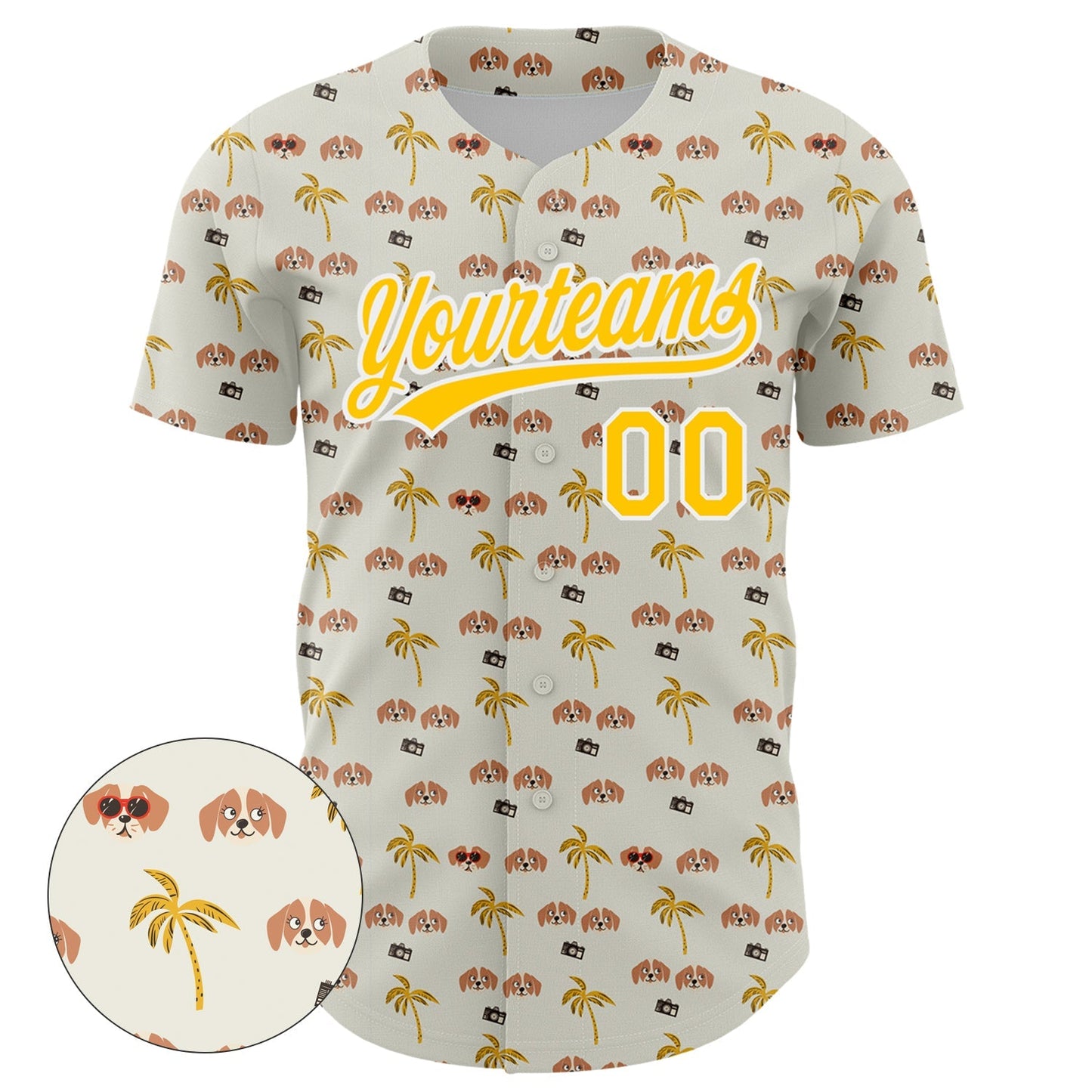 Custom White Yellow 3D Pattern Design Animal Dog And Hawaii Palm Trees Authentic Baseball Jersey baseball jersey product view 2