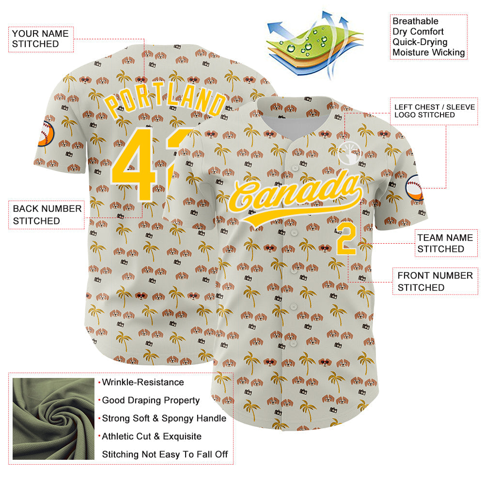 Custom White Yellow 3D Pattern Design Animal Dog And Hawaii Palm Trees Authentic Baseball Jersey baseball jersey product view 3