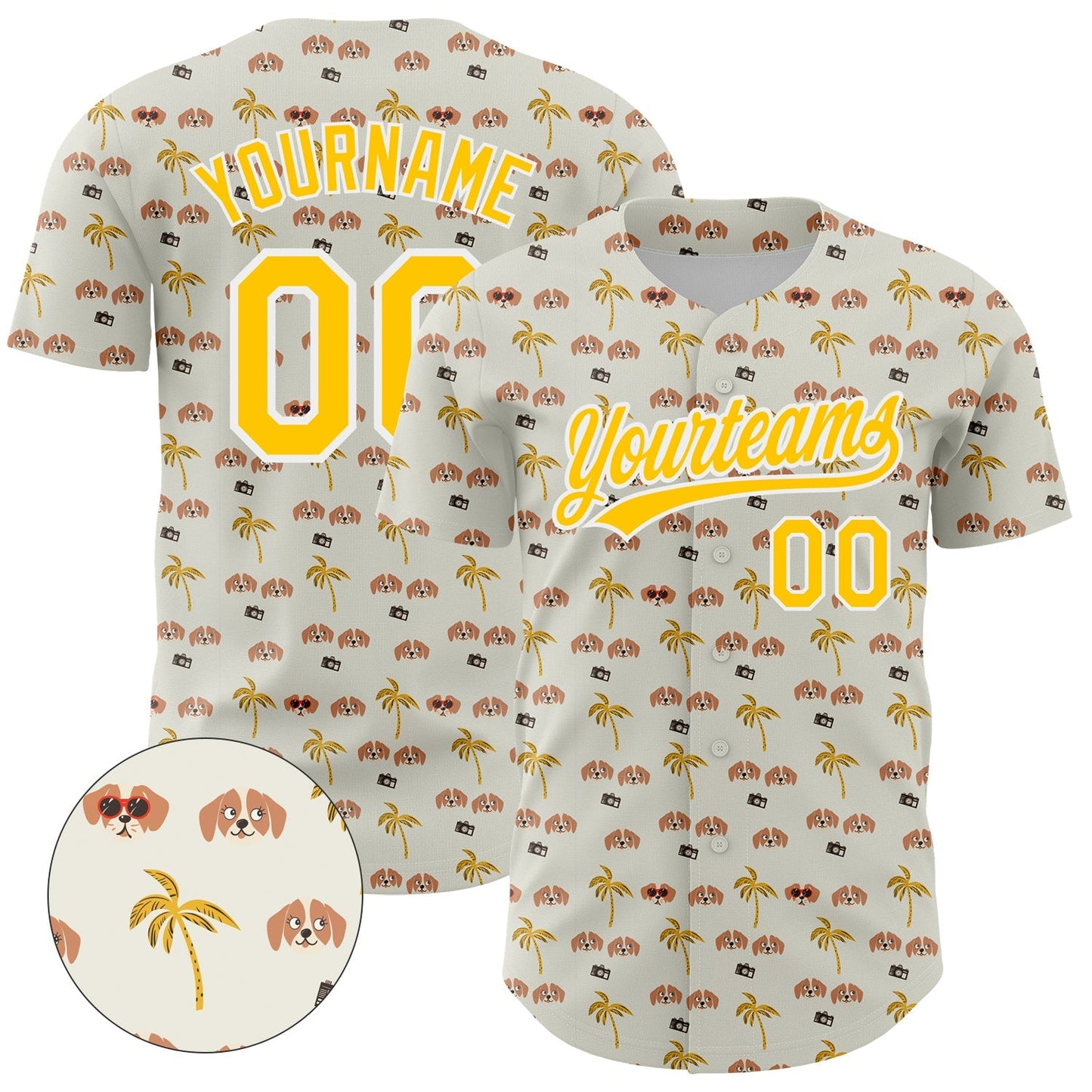 Custom White Yellow 3D Pattern Design Animal Dog And Hawaii Palm Trees Authentic Baseball Jersey baseball jersey product view 1