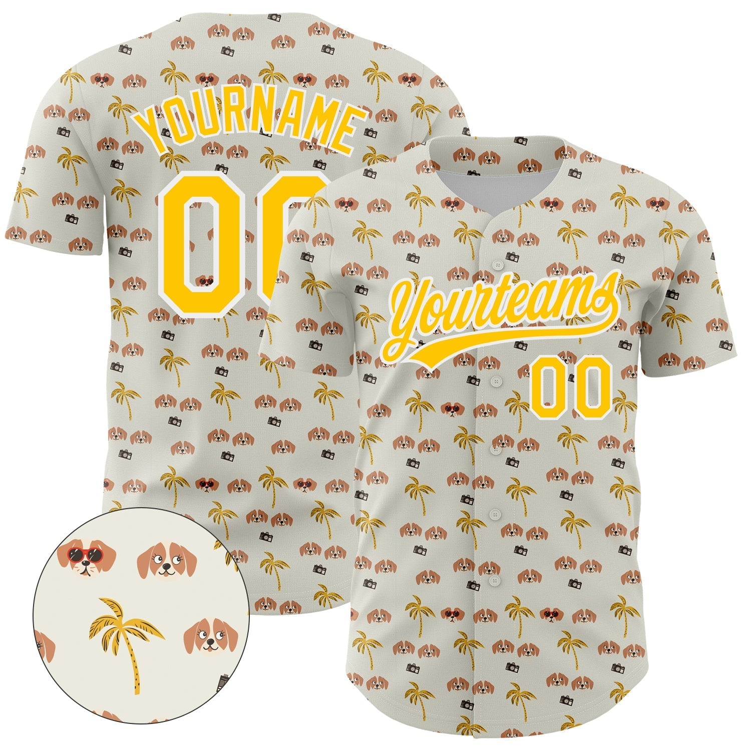 Custom White Yellow 3D Pattern Design Animal Dog And Hawaii Palm Trees Authentic Baseball Jersey baseball jersey product view 1