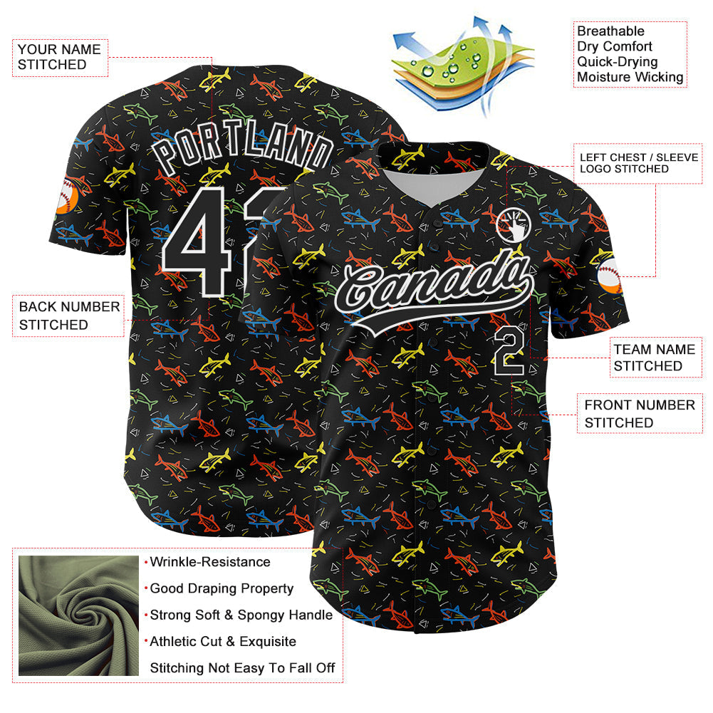 Custom Black White 3D Pattern Design Animal Fish Authentic Baseball Jersey baseball jersey product view 3