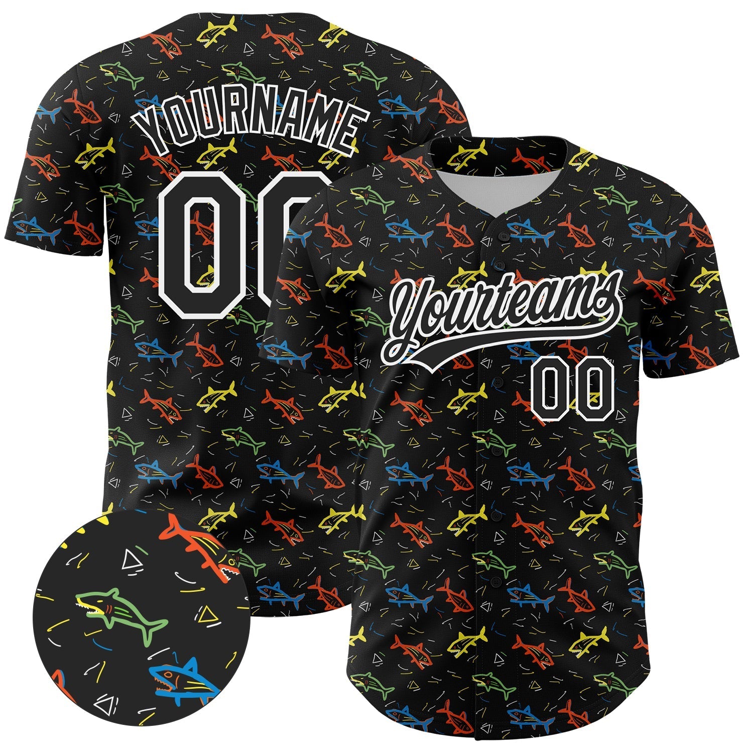 Custom Black White 3D Pattern Design Animal Fish Authentic Baseball Jersey baseball jersey product view 1