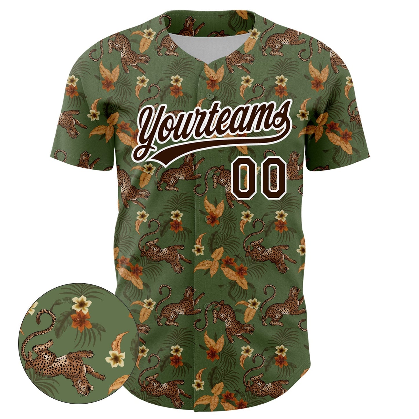 Custom Green Brown-White 3D Pattern Design Animal Leopard And Hawaii Palm Leaves Authentic Baseball Jersey baseball jersey product view 2