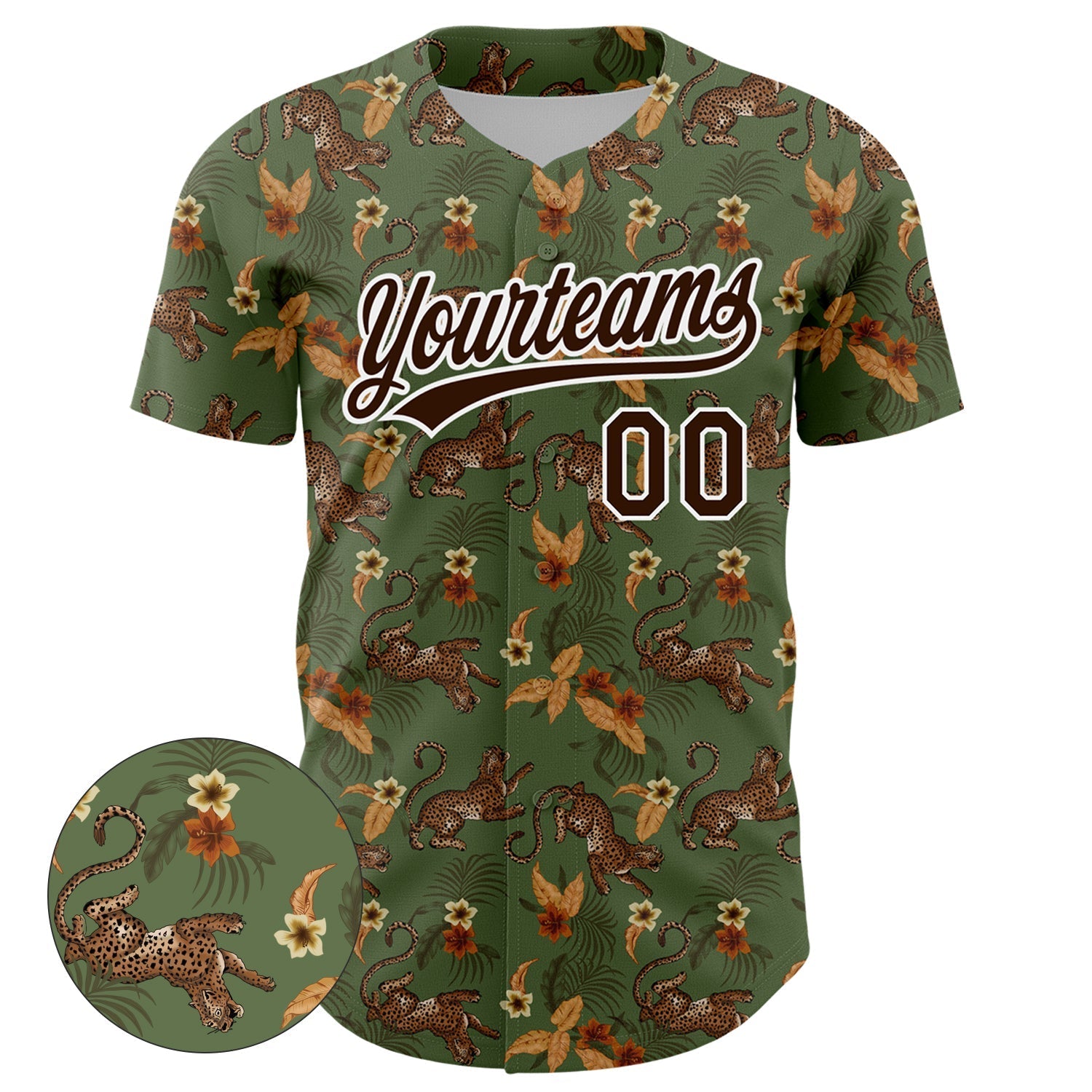 Custom Green Brown-White 3D Pattern Design Animal Leopard And Hawaii Palm Leaves Authentic Baseball Jersey baseball jersey product view 2