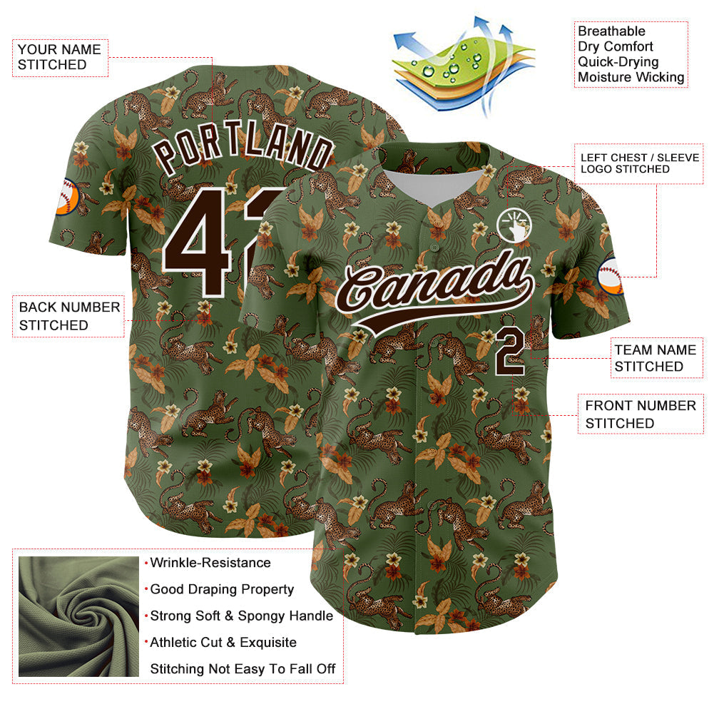 Custom Green Brown-White 3D Pattern Design Animal Leopard And Hawaii Palm Leaves Authentic Baseball Jersey baseball jersey product view 3