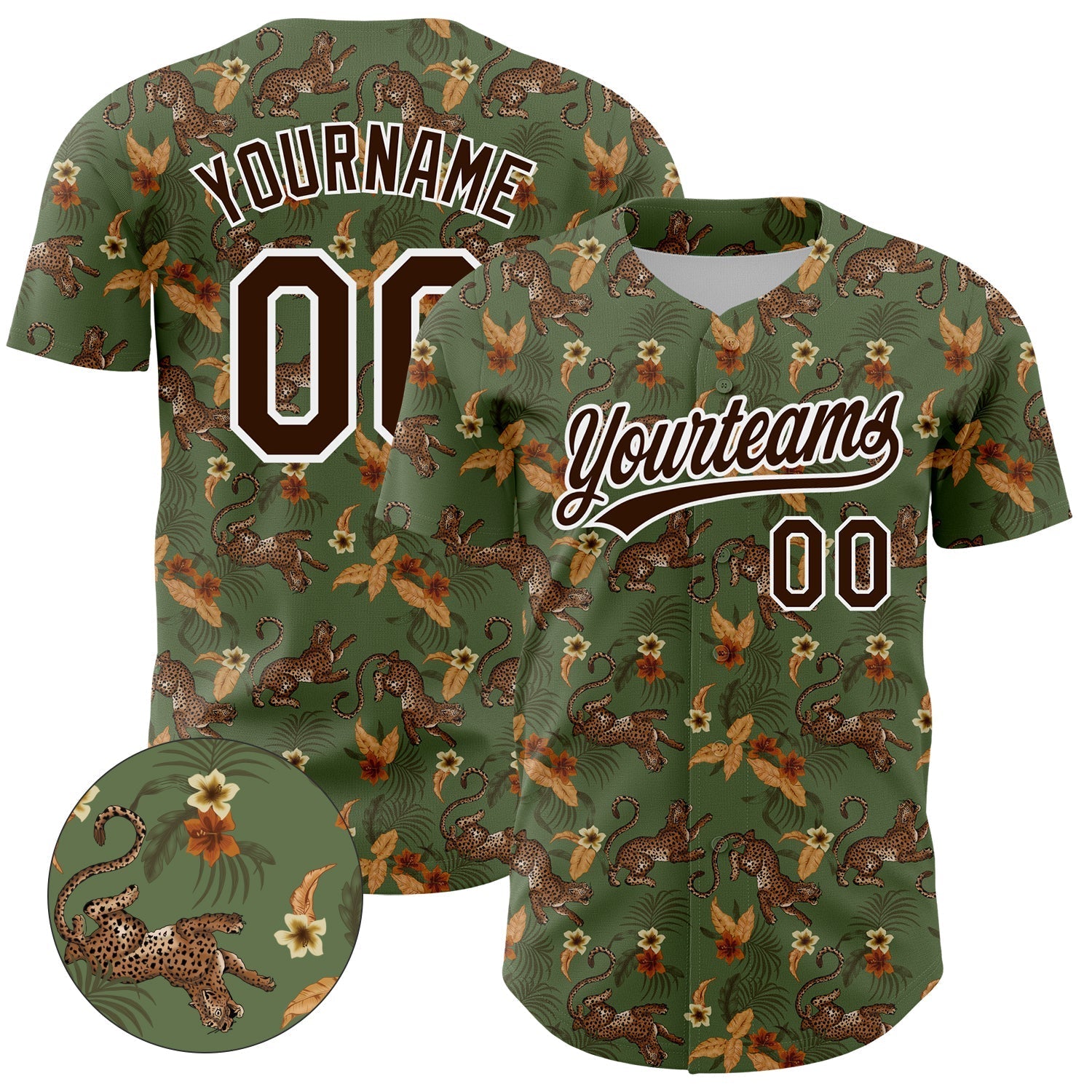 Custom Green Brown-White 3D Pattern Design Animal Leopard And Hawaii Palm Leaves Authentic Baseball Jersey baseball jersey product view 1