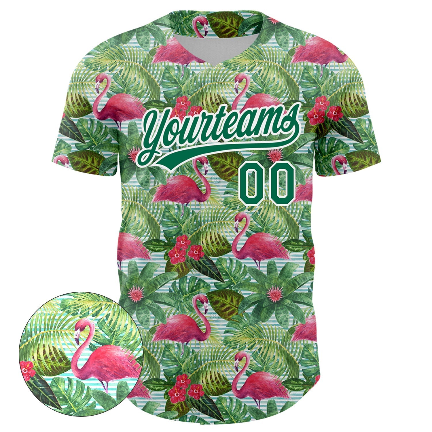 Custom White Kelly Green 3D Pattern Design Animal Flamingo And Hawaii Palm Leaves Authentic Baseball Jersey baseball jersey product view 2
