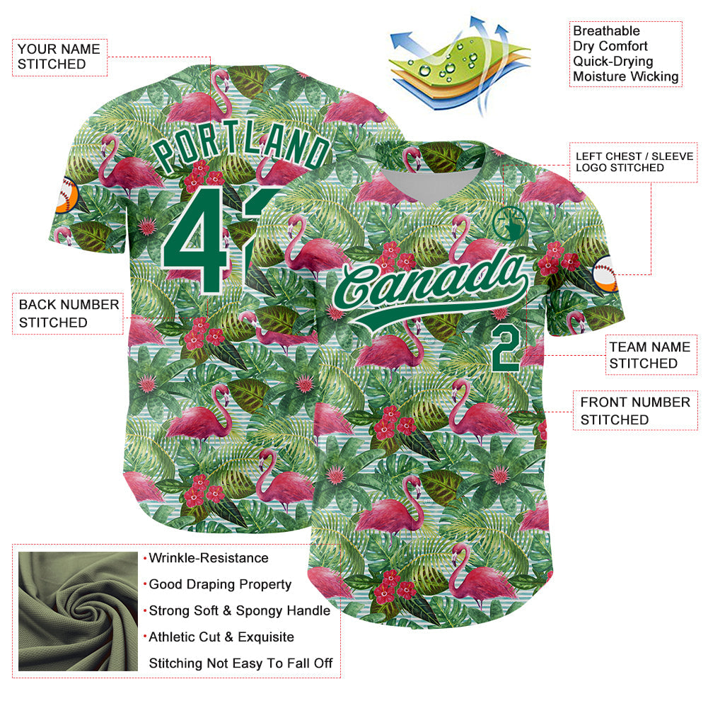 Custom White Kelly Green 3D Pattern Design Animal Flamingo And Hawaii Palm Leaves Authentic Baseball Jersey baseball jersey product view 3