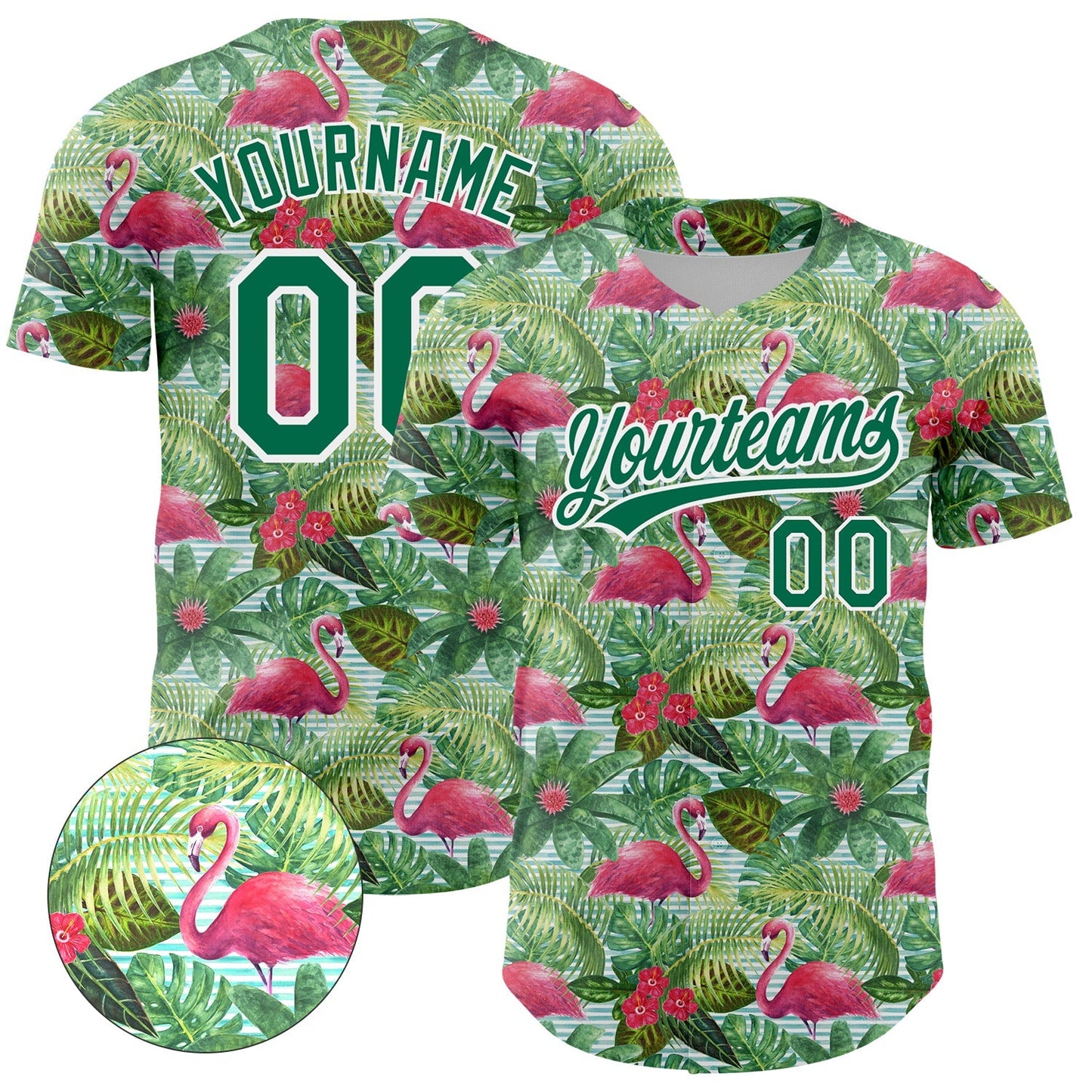 Custom White Kelly Green 3D Pattern Design Animal Flamingo And Hawaii Palm Leaves Authentic Baseball Jersey baseball jersey product view 1