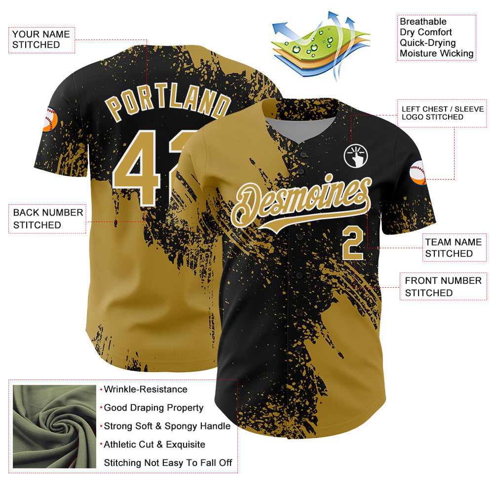 Custom Old Gold Black-White 3D Pattern Design Abstract Brush Stroke Authentic Baseball Jersey baseball jersey product view 4