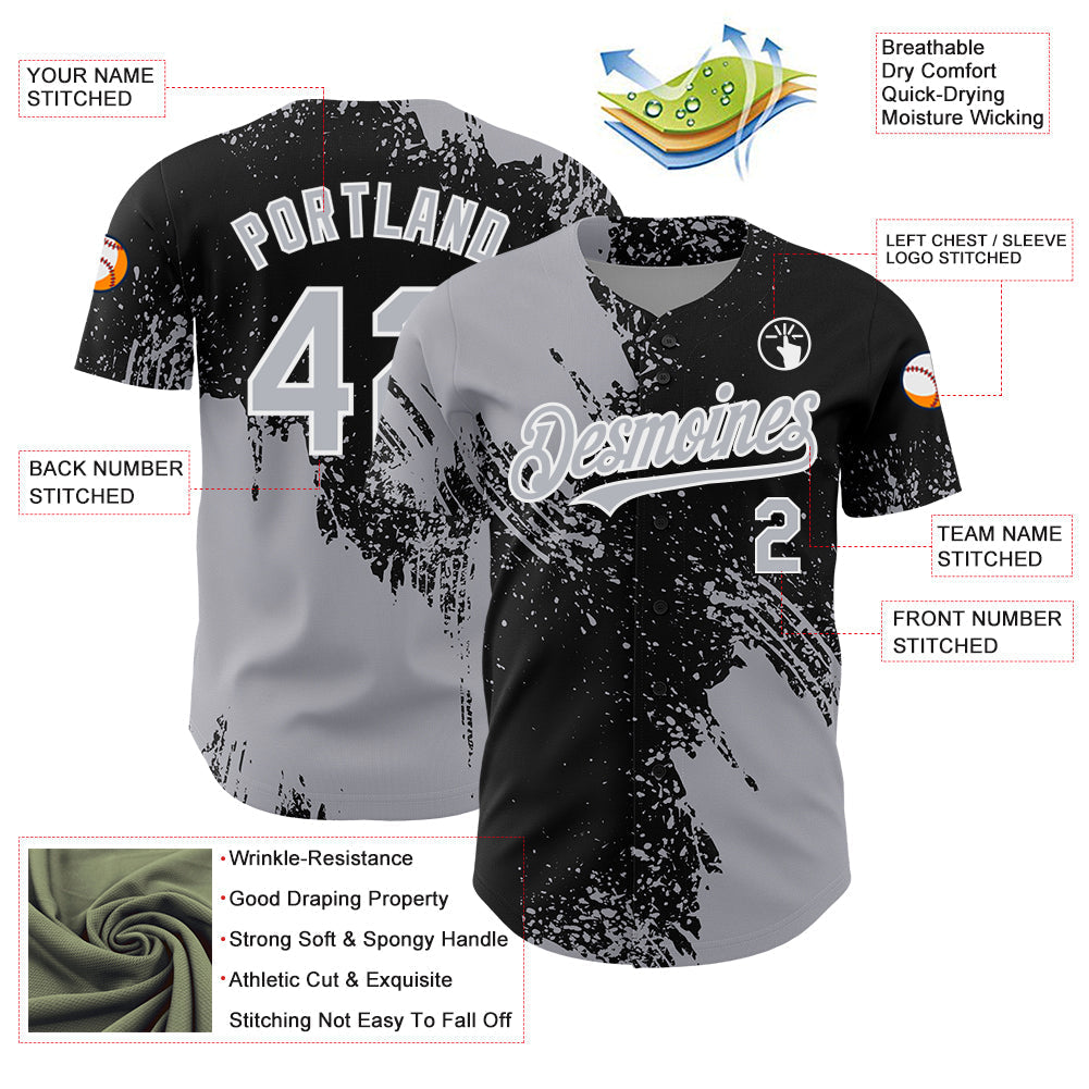 Custom Gray Black-White 3D Pattern Design Abstract Brush Stroke Authentic Baseball Jersey baseball jersey product view 3
