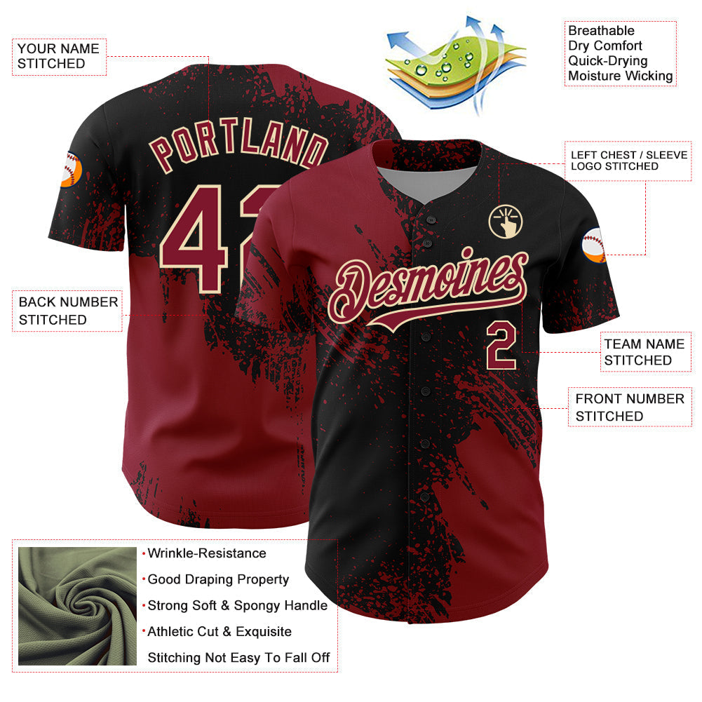 Custom Crimson Black-Cream 3D Pattern Design Abstract Brush Stroke Authentic Baseball Jersey baseball jersey product view 4