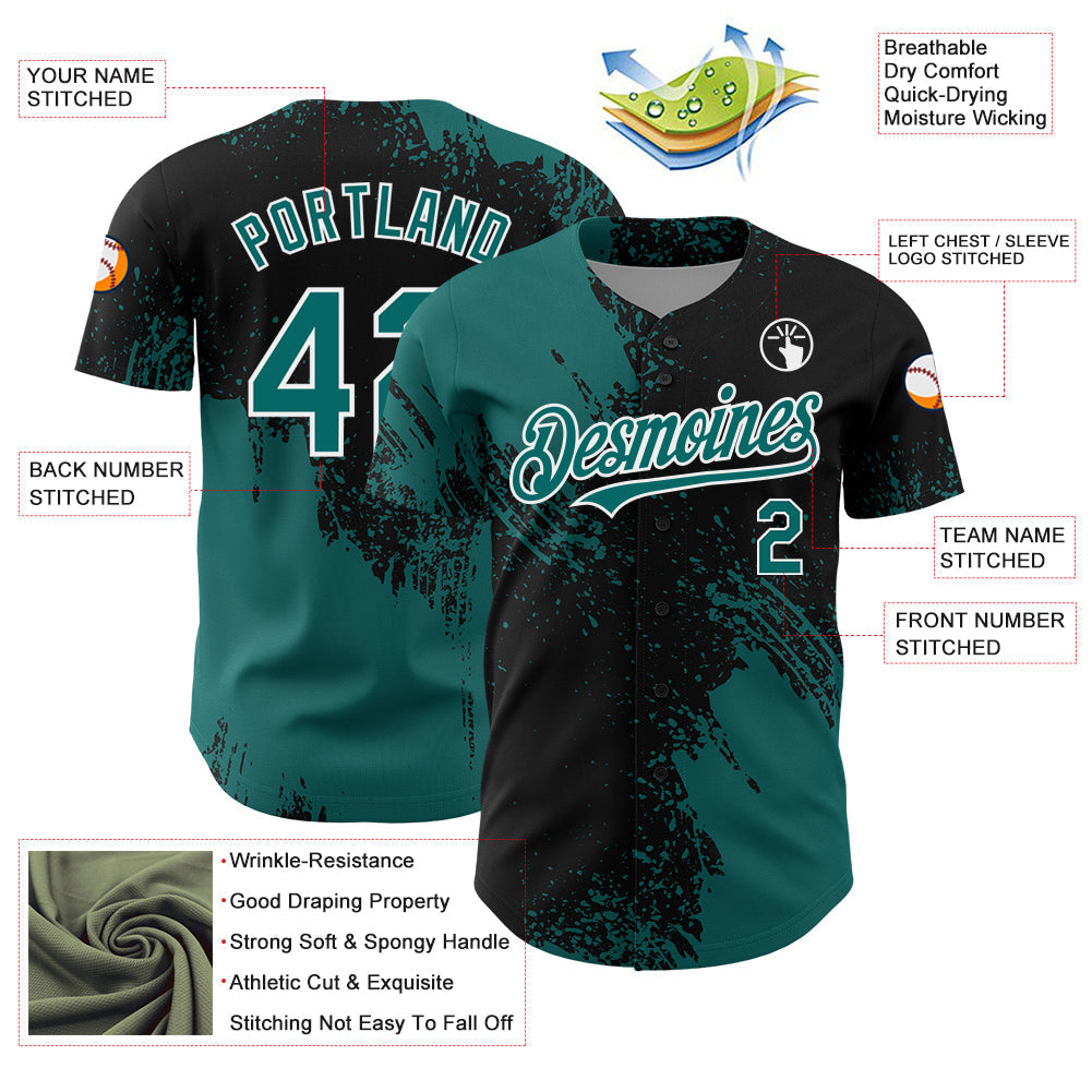Custom Teal Black-White 3D Pattern Design Abstract Brush Stroke Authentic Baseball Jersey baseball jersey product view 3