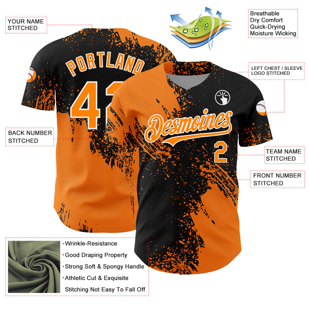 Custom Bay Orange Black-White 3D Pattern Design Abstract Brush Stroke Authentic Baseball Jersey baseball jersey product view 3