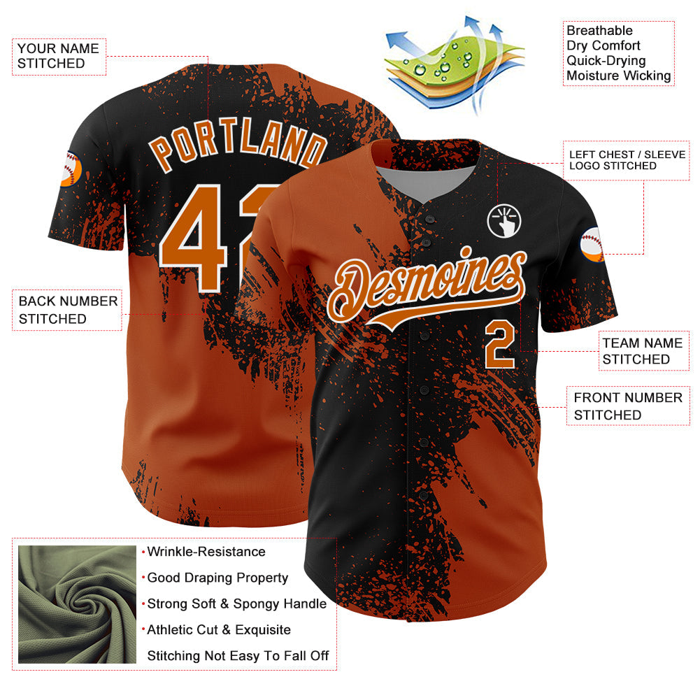 Custom Texas Orange Black-White 3D Pattern Design Abstract Brush Stroke Authentic Baseball Jersey baseball jersey product view 3