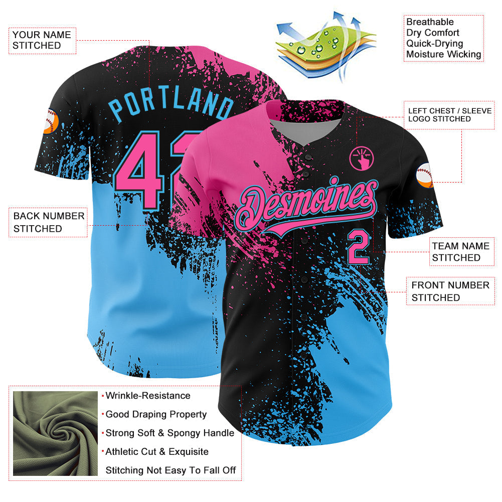 Custom Pink Black-Sky Blue 3D Pattern Design Abstract Brush Stroke Authentic Baseball Jersey baseball jersey product view 3