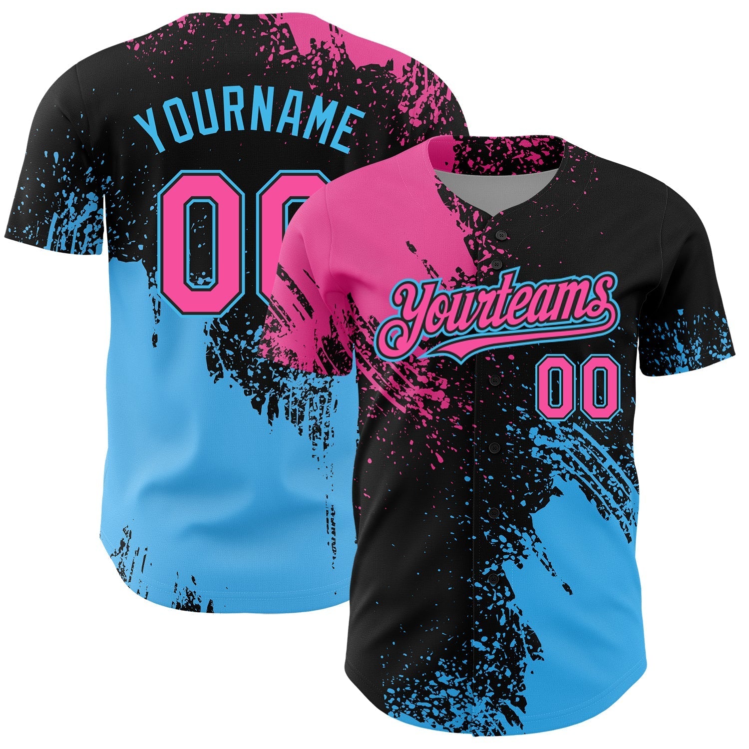 Custom Pink Black-Sky Blue 3D Pattern Design Abstract Brush Stroke Authentic Baseball Jersey baseball jersey product view 1