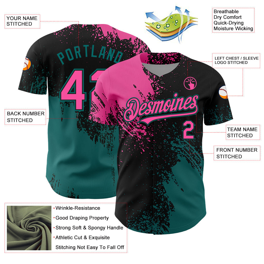 Custom Pink Black-Teal 3D Pattern Design Abstract Brush Stroke Authentic Baseball Jersey baseball jersey product view 3