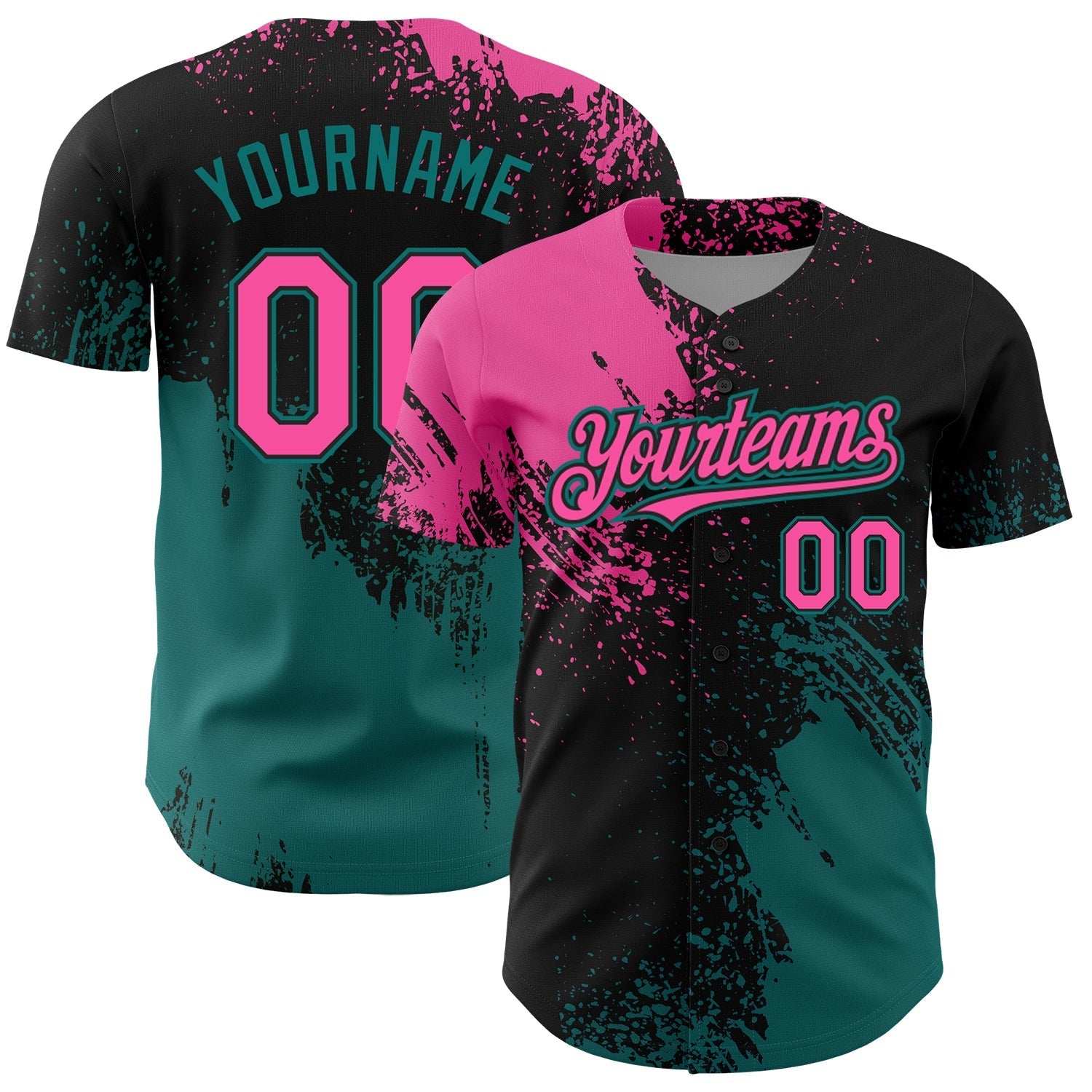 Custom Pink Black-Teal 3D Pattern Design Abstract Brush Stroke Authentic Baseball Jersey baseball jersey product view 1