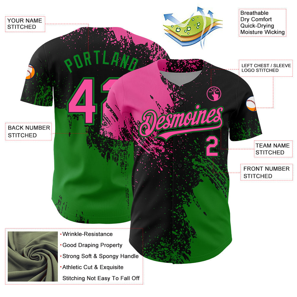 Custom Pink Black-Grass Green 3D Pattern Design Abstract Brush Stroke Authentic Baseball Jersey baseball jersey product view 3