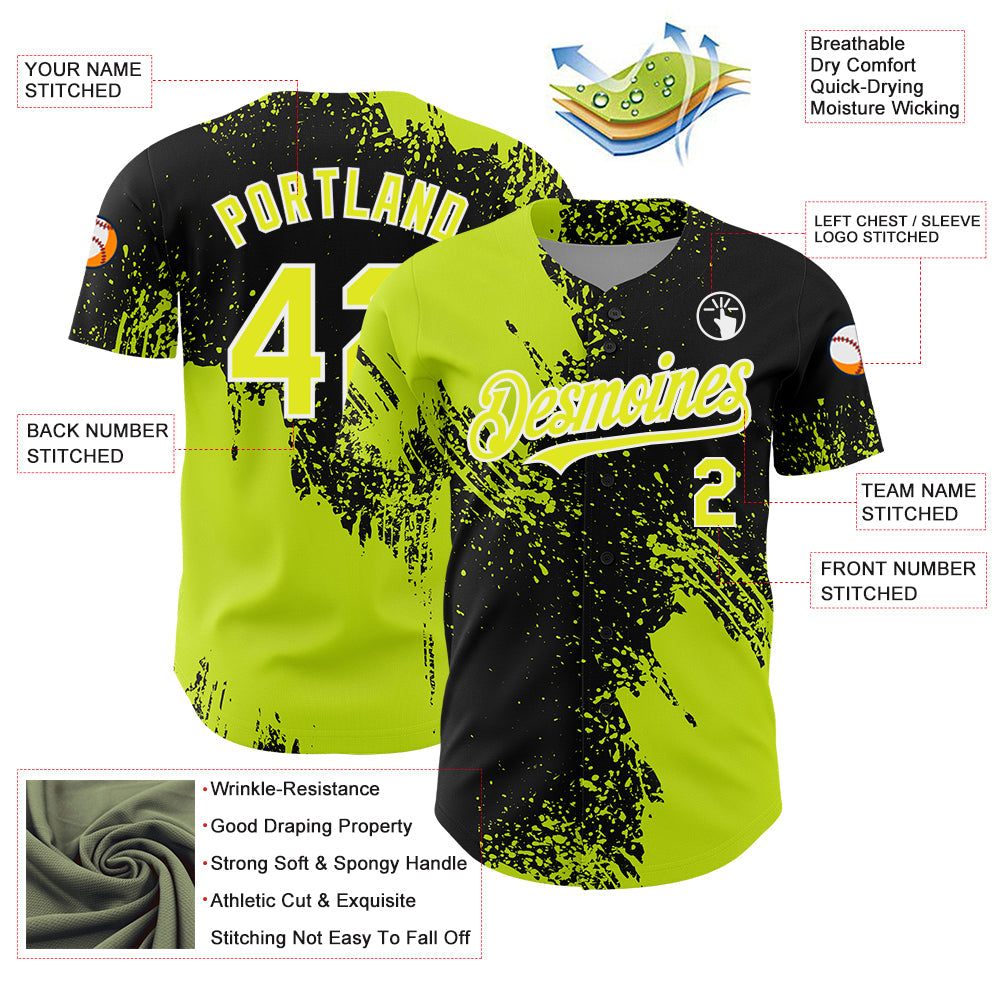 Custom Neon Yellow Black-White 3D Pattern Design Abstract Brush Stroke Authentic Baseball Jersey baseball jersey product view 3