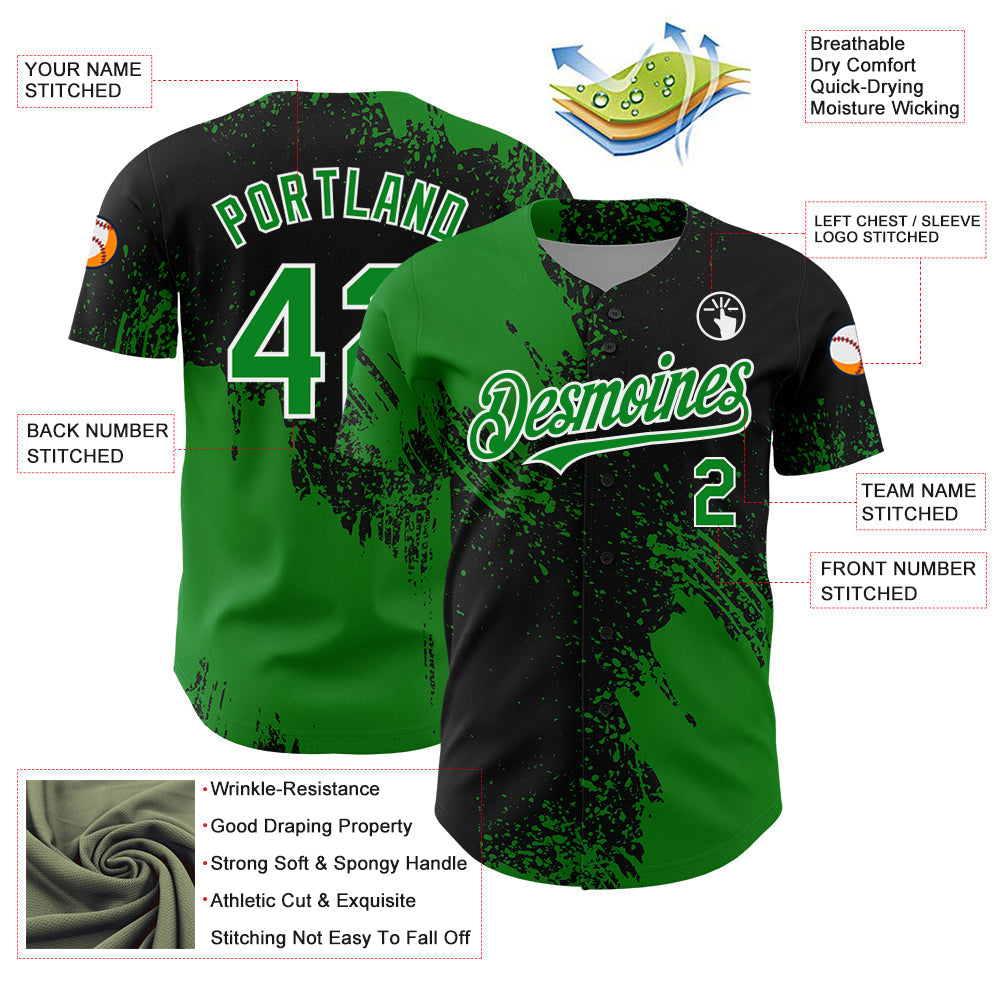 Custom Grass Green Black-White 3D Pattern Design Abstract Brush Stroke Authentic Baseball Jersey baseball jersey product view 3