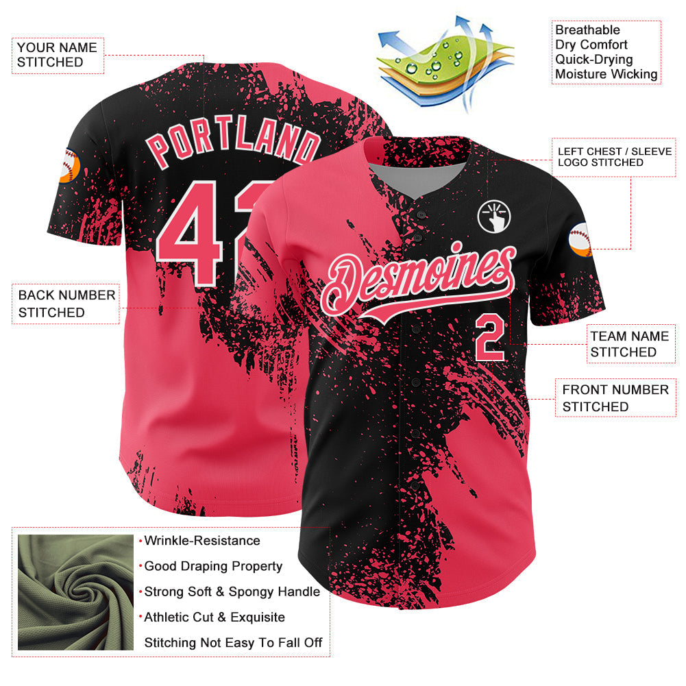 Custom Neon Pink Black-White 3D Pattern Design Abstract Brush Stroke Authentic Baseball Jersey baseball jersey product view 3