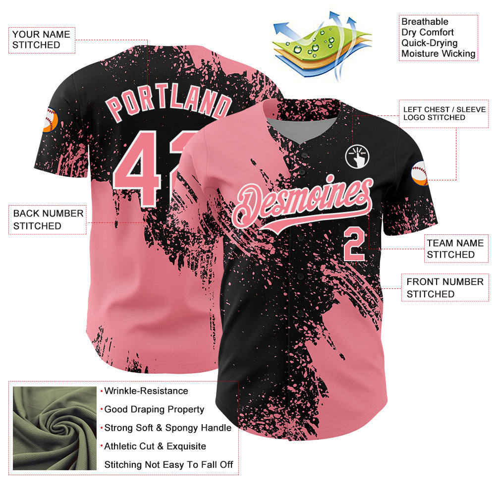 Custom Medium Pink Black-White 3D Pattern Design Abstract Brush Stroke Authentic Baseball Jersey baseball jersey product view 3